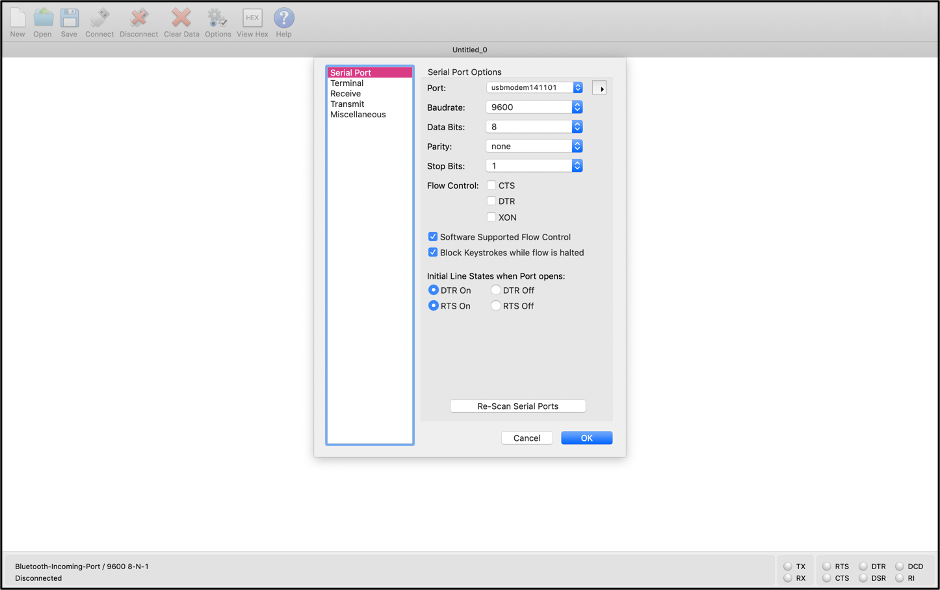 coolterm macos serial settings